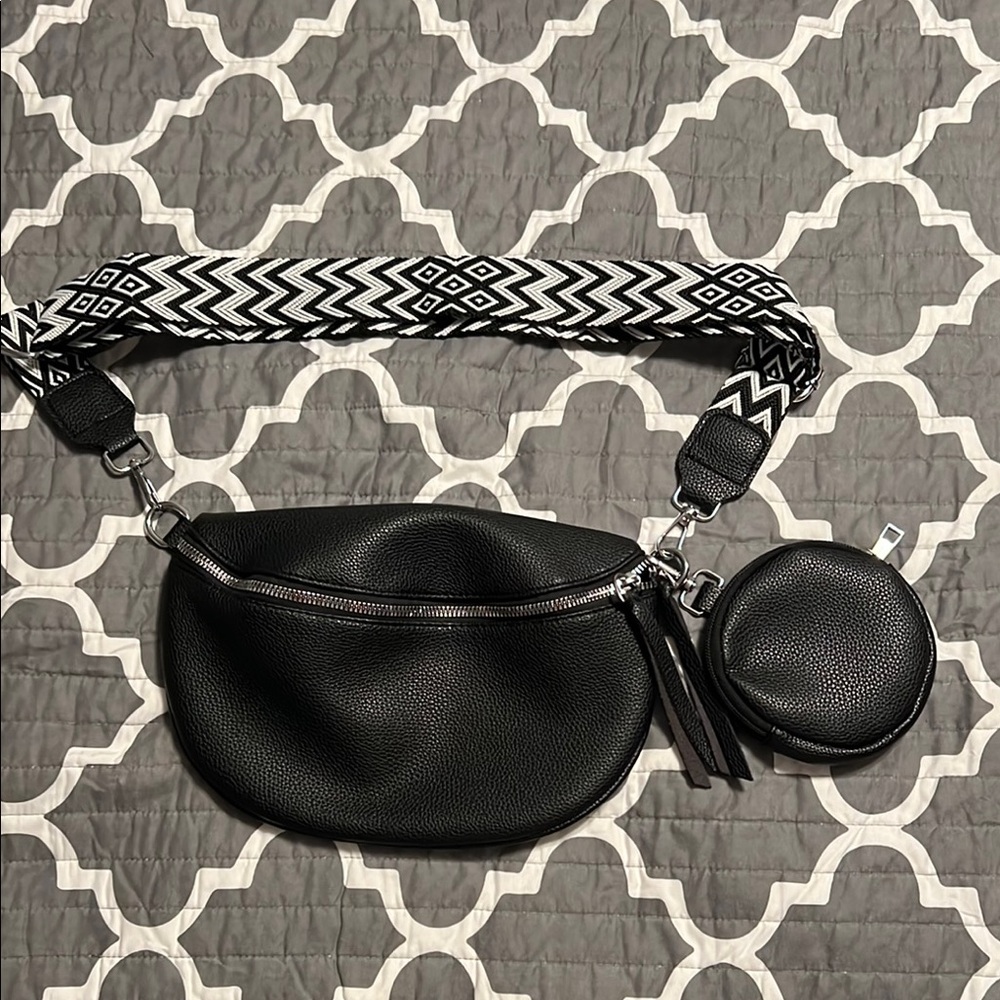 Black Crossbody Bag with Patterned Strap